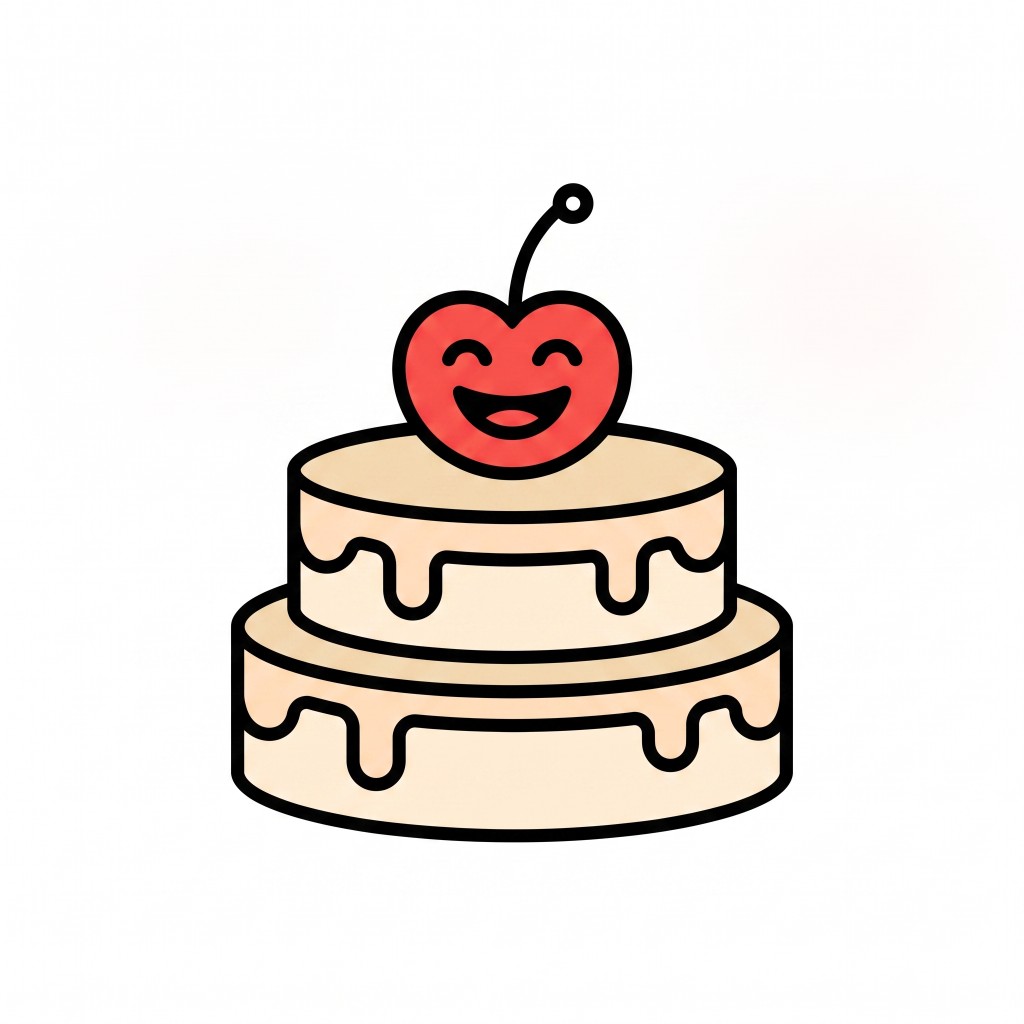 Ilustração de um bolo de dois andares com a cereja mascote sorridente do Cheery no topo